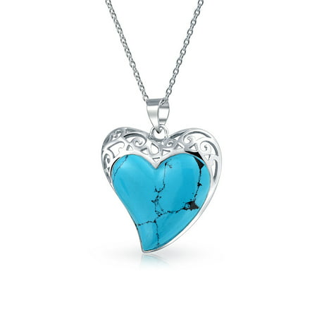 Large Filigree Inlaid Stabilized Turquoise Heart Shape Pendant Necklace For Women 925 Sterling Silver 1.50 In With