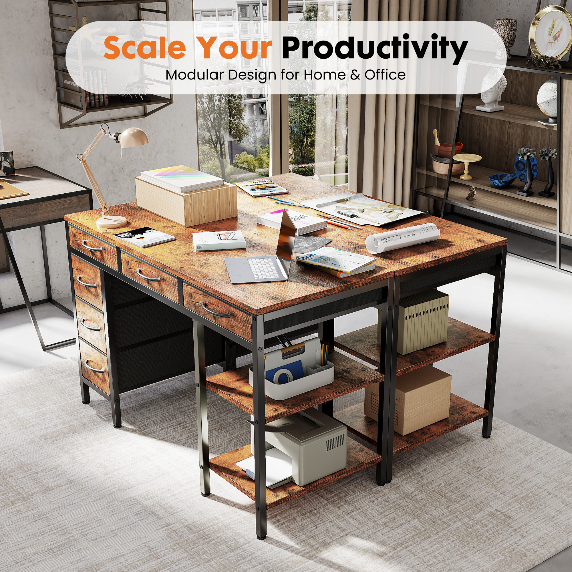 MCQ 47 Inch Computer Desk include 6 Drawers with 2 Empty Shelves, Rust