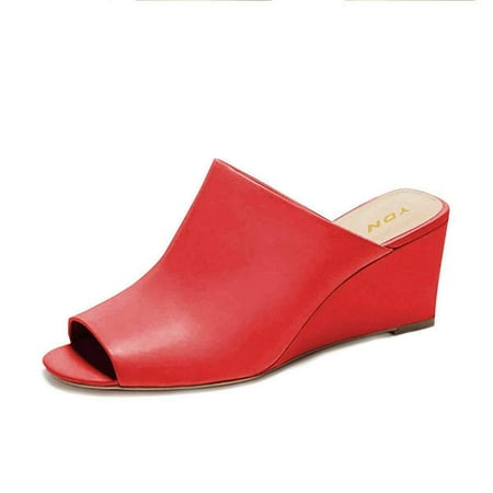 

YDN Women Comfortable Peep Toe Slipper Pumps Slip On Wedge High Heels Backless Sandals Office Causal Slide Shoes Size 7 Red