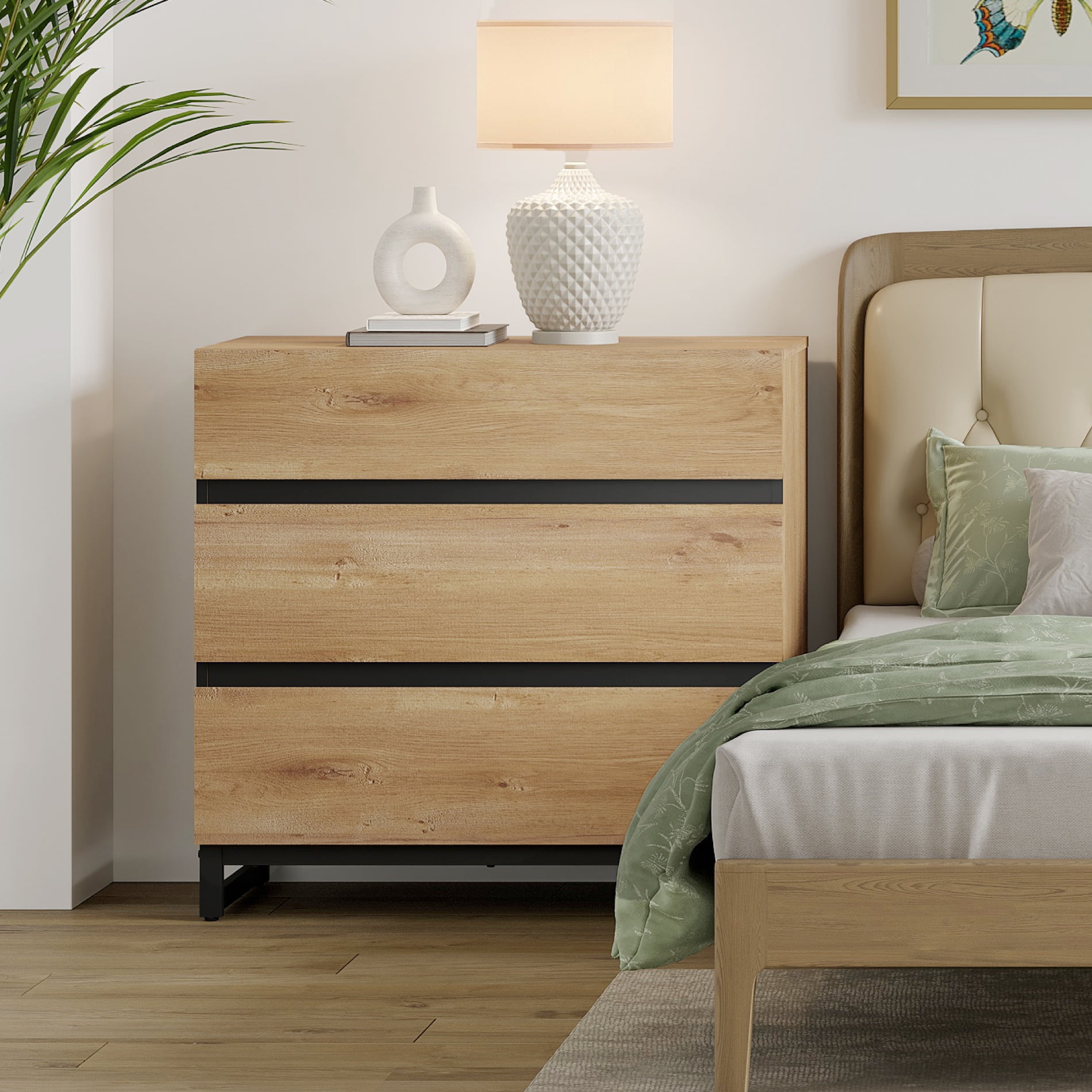 WAMPAT 2 Pack Rustic Wood Nightstand with 3 Drawers, Modern Bedroom Bedside Table with Black Square Iron Legs for Bedroom,Oak