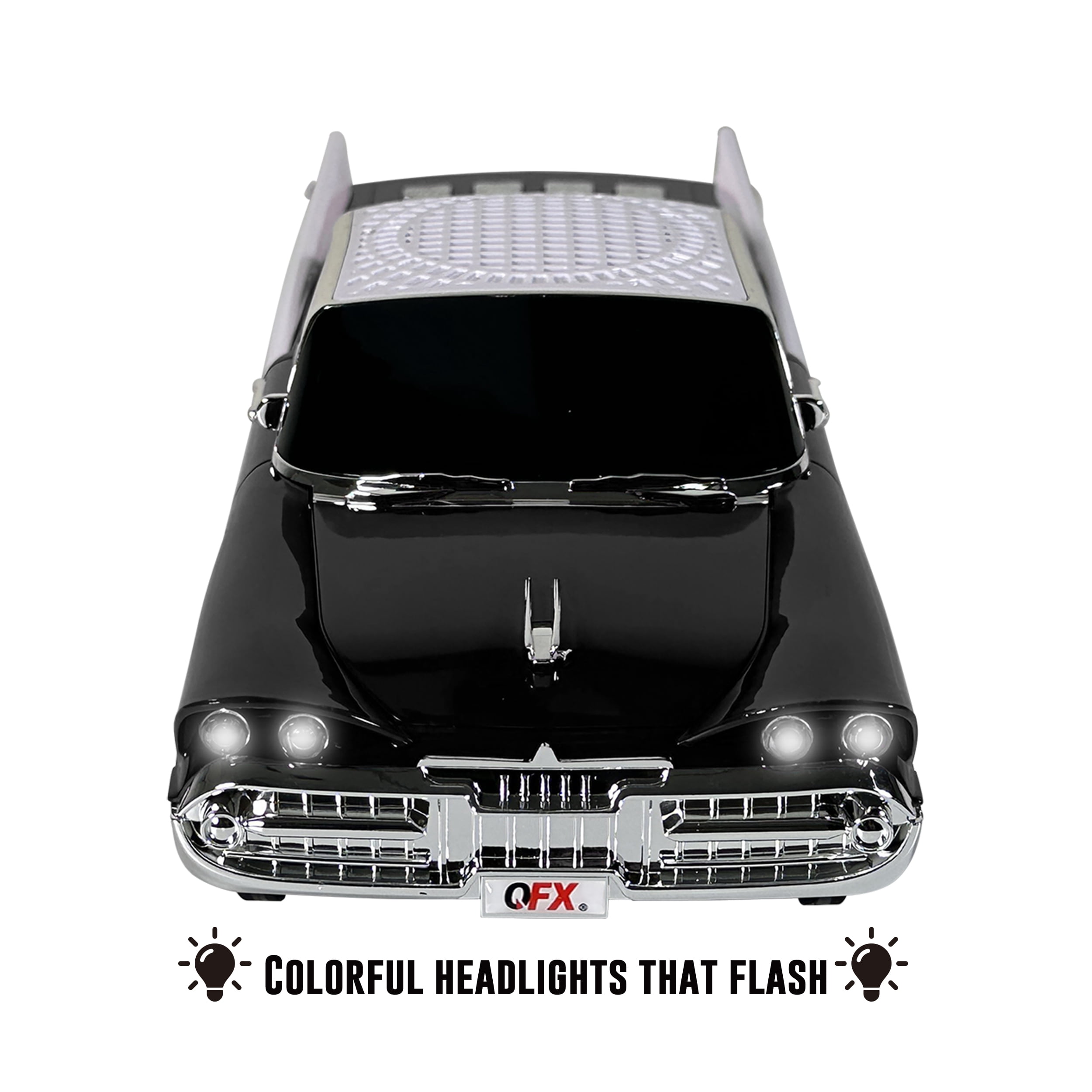 QFX Bluetooth 1959 Retro Classic Car Speaker, Dual 2-inch Speakers, Hands-Free Link, Built-in Microphone, FM Radio, and LED Party Lights, Black- BT-1959-BLK