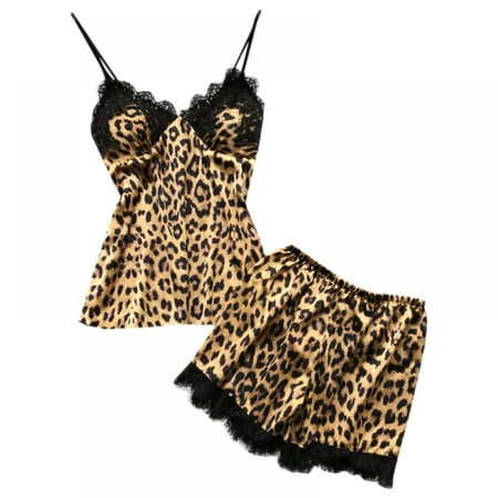 

Womens Pajama Sets Leopard Lingerie Satin Sleepwear Cami Shorts Set V Neck Pj Lace Nightwear