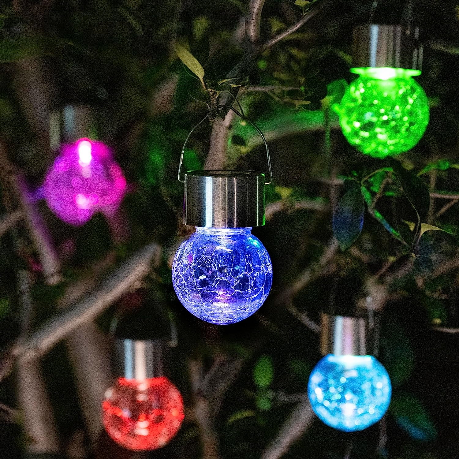Bexikou 4 Pack Hanging Solar Lights Outdoor, Decorative Ball Lights Waterproof Solar Lanterns with Handle for Garden, Walkway, Tree, or Holiday Decoration - Color Changing