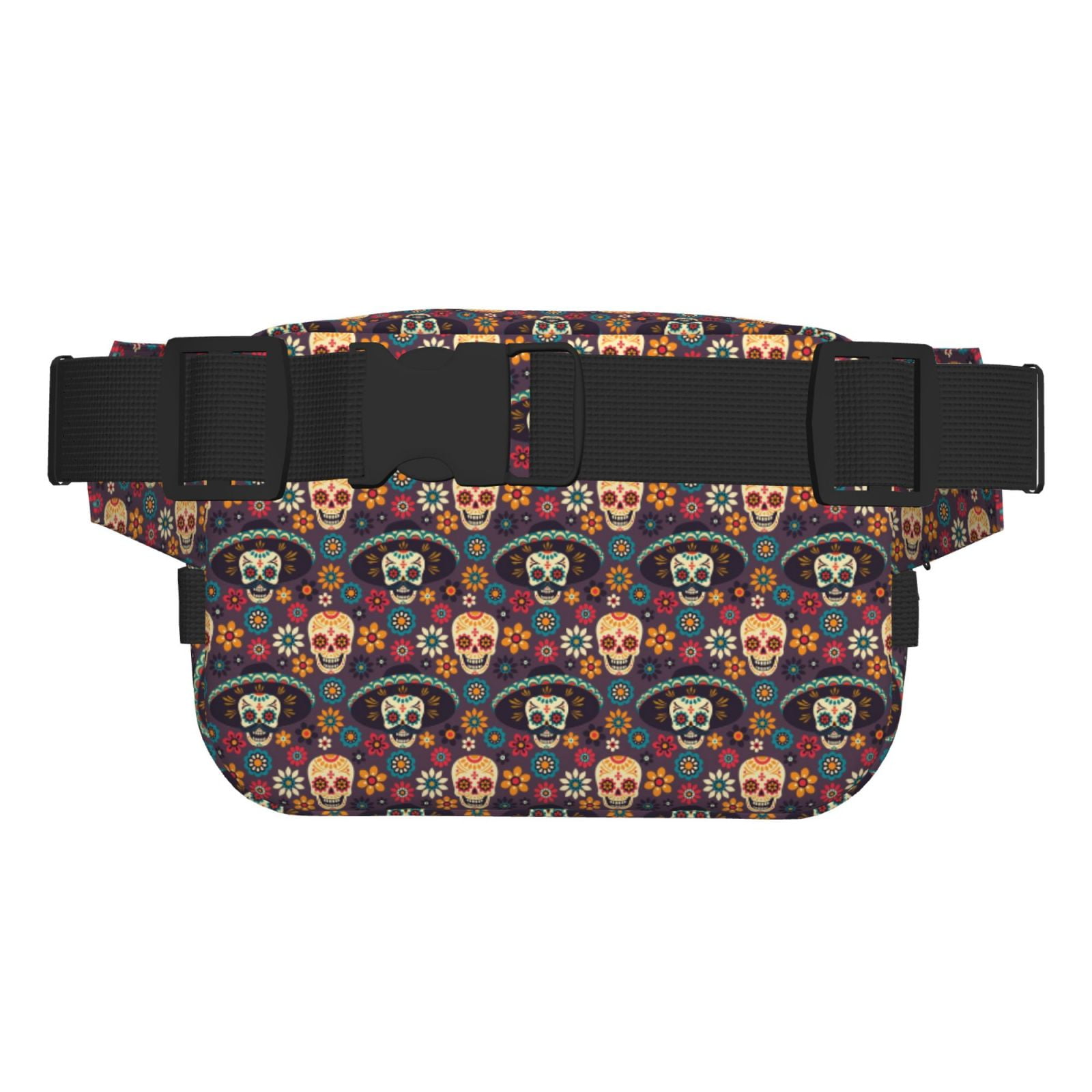 Picia Skulls and Flowers Print Square Double-Layer Waist Bag Mini Adjustable Waist Belt Bag Exercise Running Travel Hiking