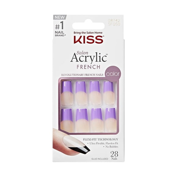 KISS Kit de uñas postizas francesas acrílicas, diseño de forma larga y cuadrada, uñas de punta francesa de color morado, gel listo para usar y barra de manicura incluida, larga duración, conveniente y
