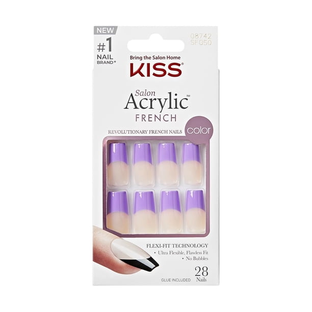 KISS Kit de uñas postizas francesas acrílicas, diseño de forma larga y cuadrada, uñas de punta francesa de color morado, gel listo para usar y barra de manicura incluida, larga duración, conveniente y