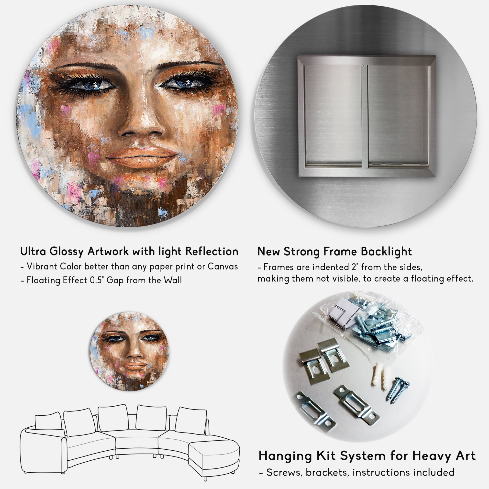 Designart 'Abstract Portrait Of A Young Woman With Blue Eyes I' Modern Circle Metal Wall Art 23x23 - Disc of 23