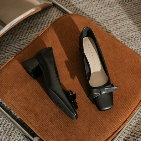

5893 Temperament Chunky Heel Square Toe All-Match Not Tired Feet 2024 New Women s Thin Shoes Bow Stylish Pumps