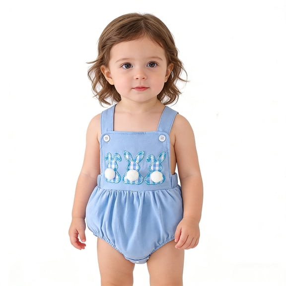 MAIHAN Baby Boy Girl Easter Outfit Bunny Embroidery Sleeveless Romper Overalls Summer Clothes(Blue,12_18 Months)