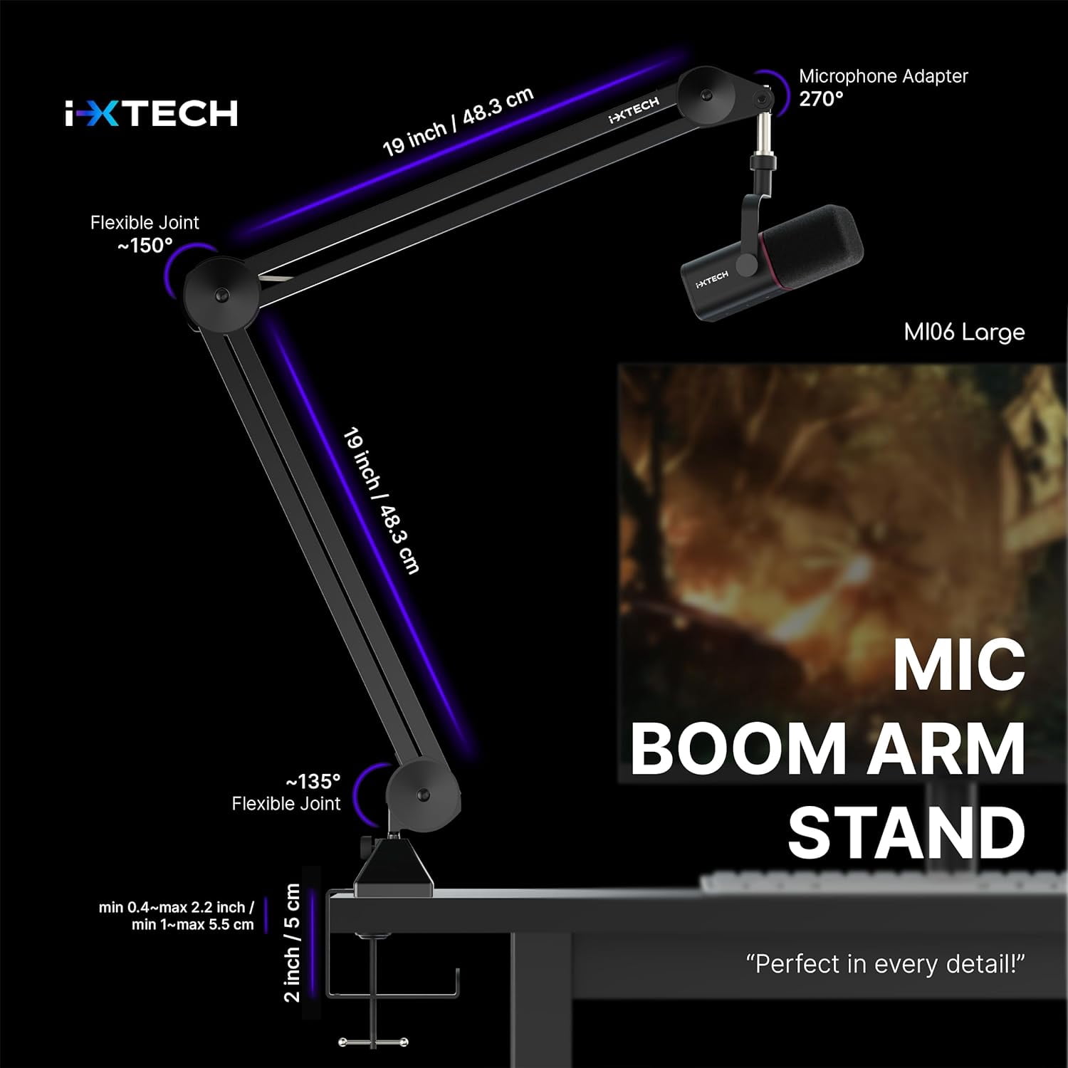 IXTECH Microphone Boom Arm Stand, Heavy Duty Adjustable Mic Stand with Cable Ties, Desk Mount Arm Stand for Gaming Streaming Podcasting (LARGE).