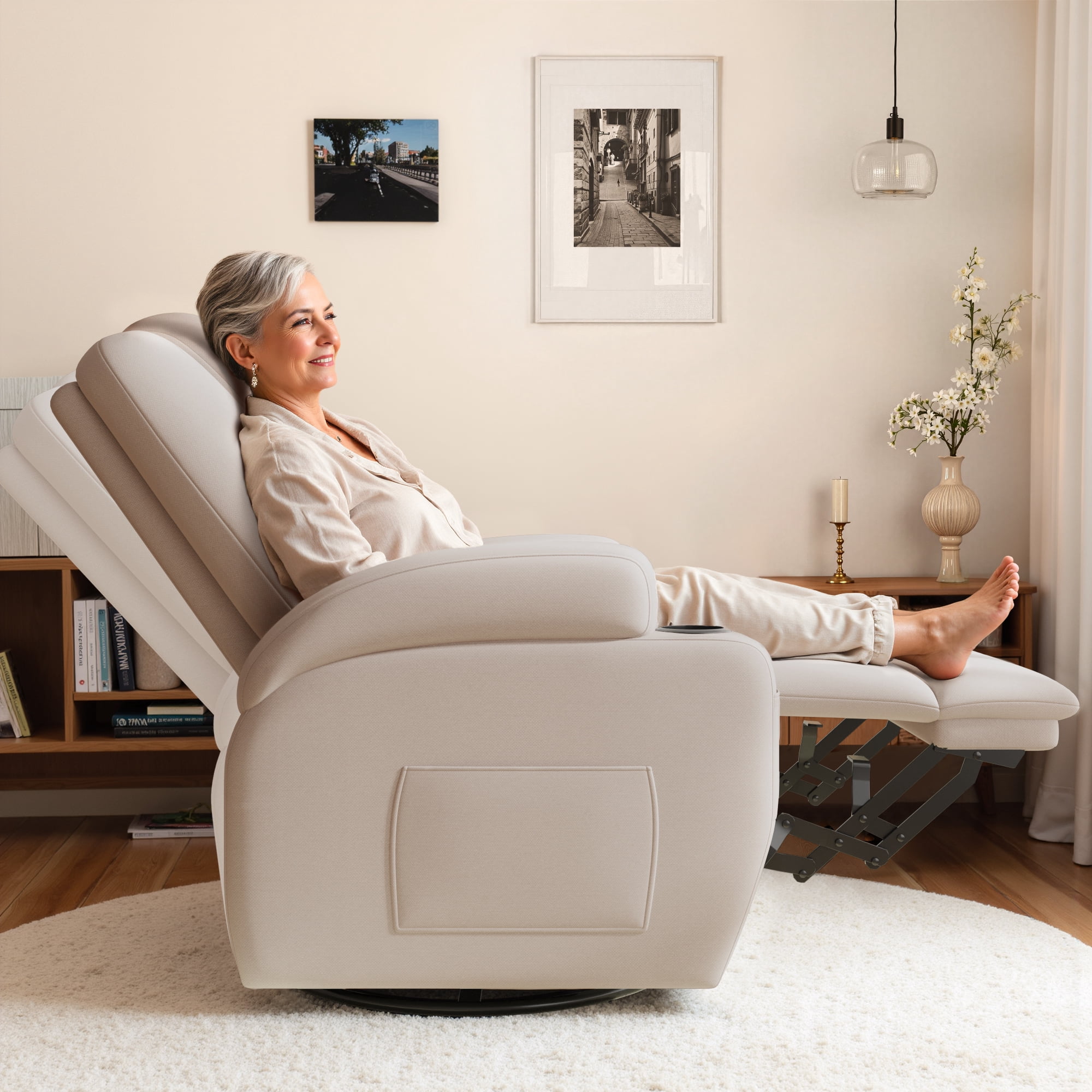Furmax 360° Swivel Rocking Chair Power Massage Recliner With nursing Needs Oversized Furniture For Living Room,Beige