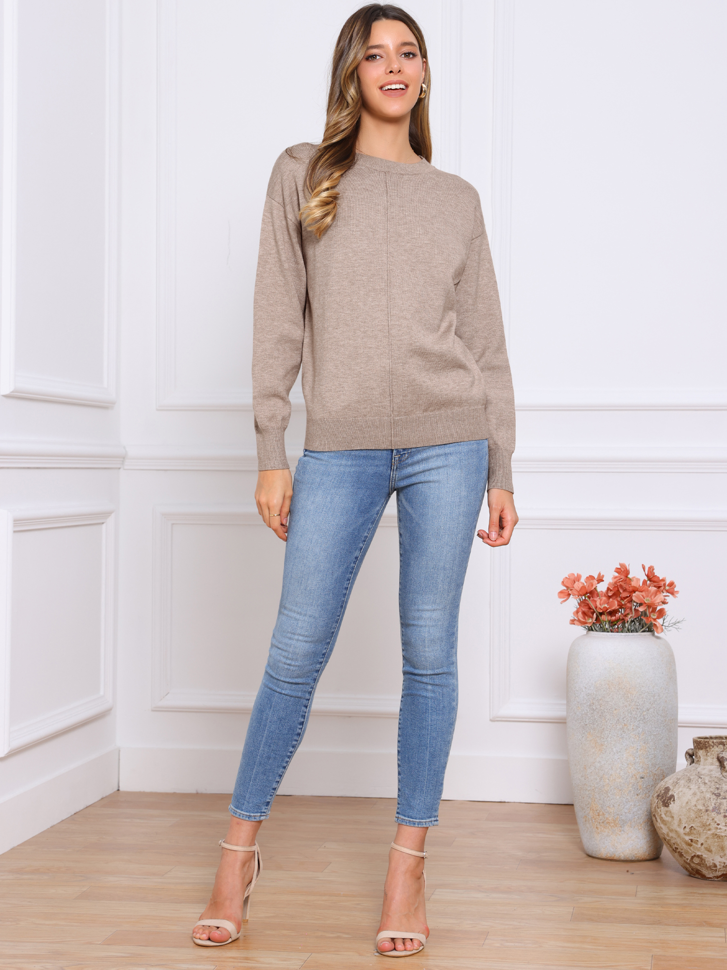 DARING DIVA Women's Long Sleeve Lightweight Crew Neck Knit Top M Khaki Brown