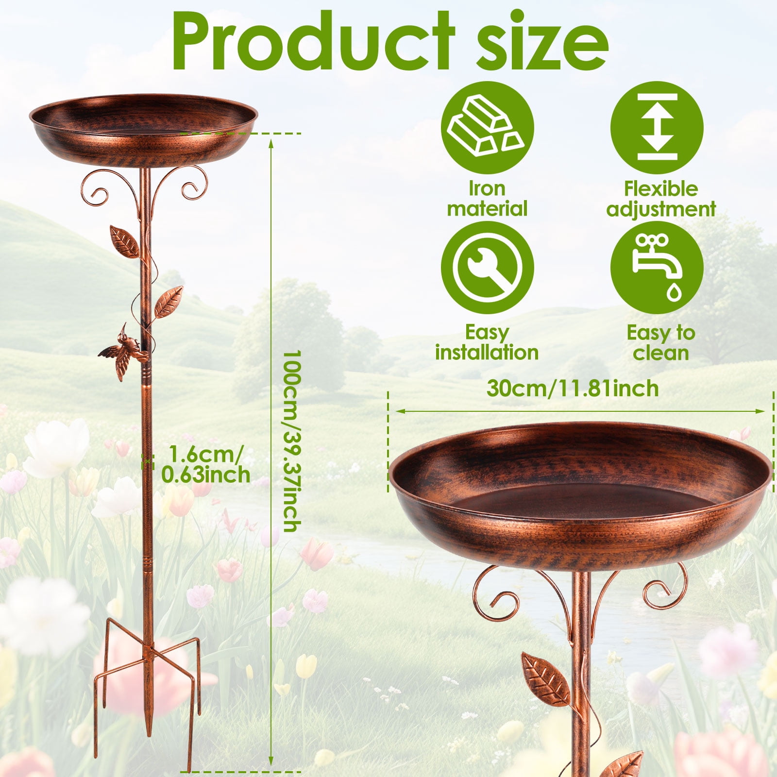 Xiyztok Bird Bath 39 Inches Sturdy Iron Garden Birdbath for Outside Vintage Standing Bird Bath Bowl for Outdoor Garden Patio Yard Lawn（Pipe diameter 0.63 inch）