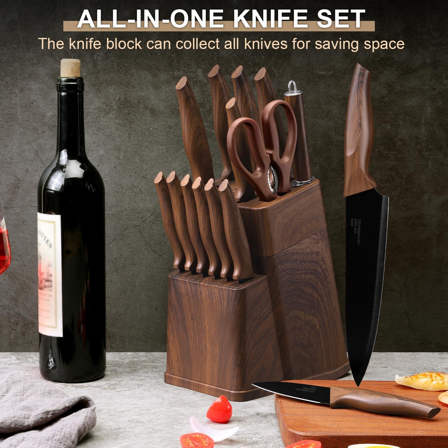 Walchoice 15 Pieces Knife Set with Block, High Carbon Stainless Steel Kitchen Knife Set with Sharpener, Rust Resistant & Dishwasher Safe - Walnut Brown