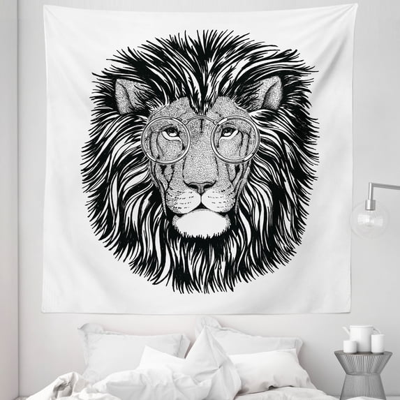Indie Tapestry, Wild Hipster Lion with Glasses Wise Big Cat Clever Intelligent Animal Portrait, Fabric Wall Hanging Decor for Bedroom Living Room Dorm, 5 Sizes, Black and White, by Ambesonne