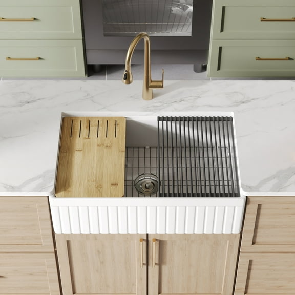 DeerValley 33" L X 20" W Workstation Farmhouse Kitchen Sink With Sink Grid, Cutting Board & Dish-Drying Rack DV-1K0263