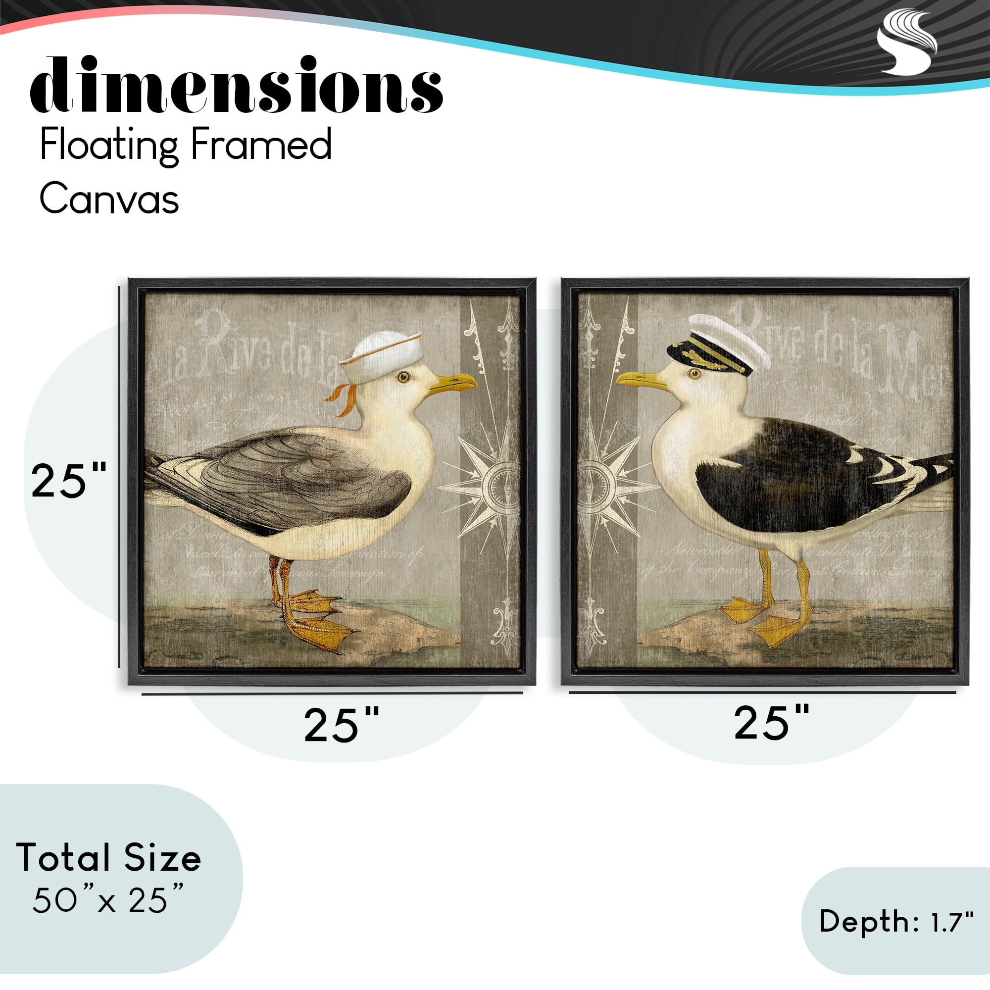 Stupell Industries Little Seagulls with Hats 2 Piece Black Framed Floater Canvas Set, design by Suzanne Nicoll