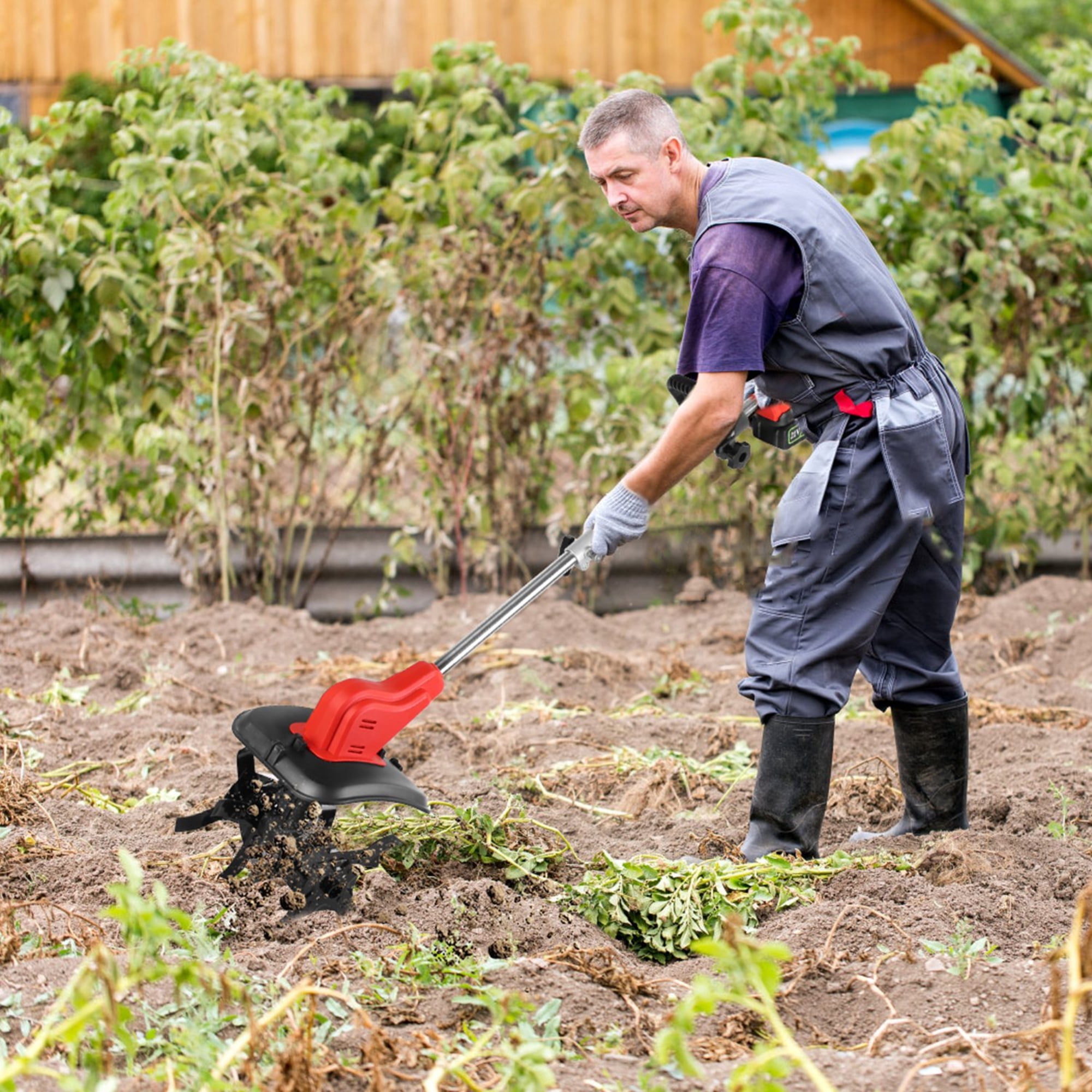 21V Cordless Tiller Cultivator with 4 Blades, 16 Steel Tines, 550W, 300RPM, 9-Inch Width & Depth