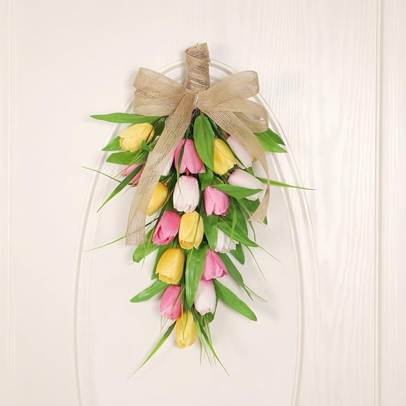 15.7" Artificial Tulip Teardrop Wreath, Spring Summer Front Door Swag with Burlap Bow, Rustic Farmhouse Easter Wall Hanging Decor for Porch