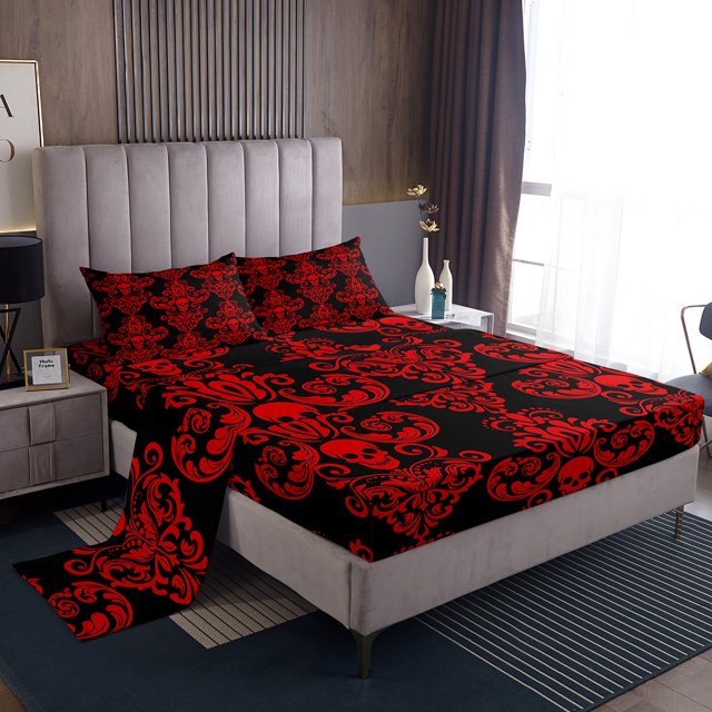Erosebridal Ensemble de Draps Damassé Rétro Simple, Ensembles de Literie Boho Squelette Crâne Taille Simple, Rouge Noir 3 Pcs
