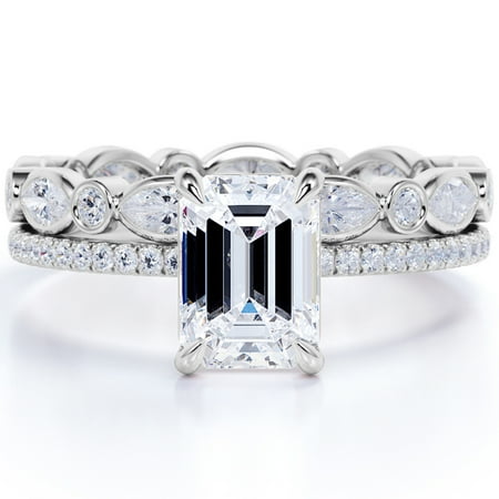 JeenMata 2 Carat Emerald Cut Moissanite Bridal Ring Set with Infinity Band in 18k White Gold Over Silver