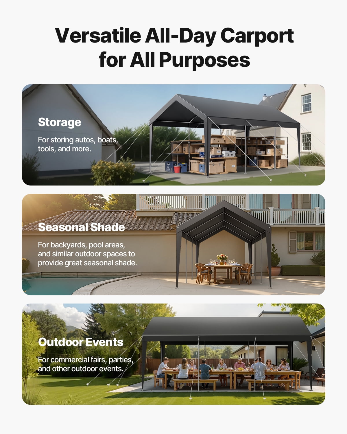 VEVOR Carport, 10 x 20 FT Outdoor Car Canopy, Potable Carport, Heavy Duty Galvanized Car Shelter, UV-Resistant & Water-Resistant, All-Season Protection, Storage Shed for Car Boat Motorcycle Grey