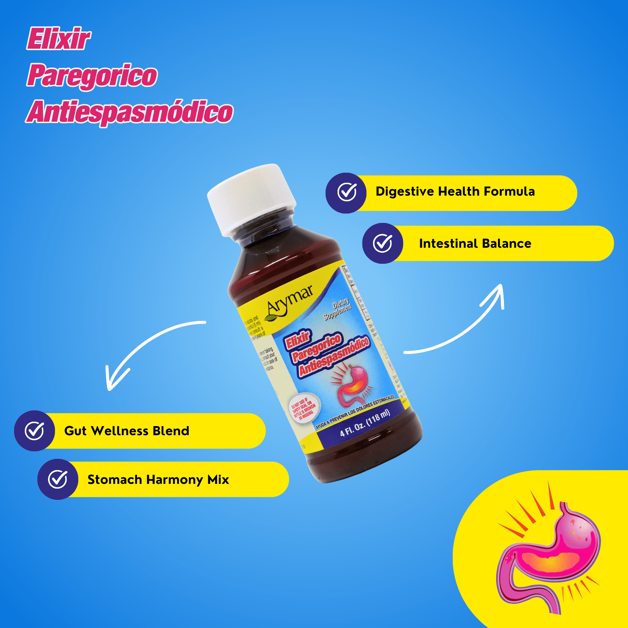 Arymar Elixir Paregorico Antiespasmódico, Liquid for Digestive Relief, 4 Fl Oz (1 Count)