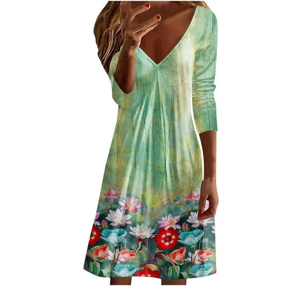 Herrnalise Women's floral bohemian Dress Fashion Printed Long Sleeve V-neck Pullover Dress S-2XL