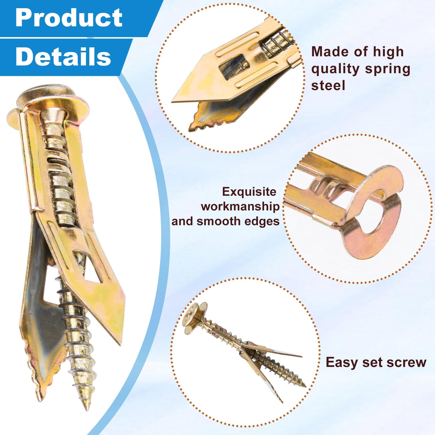 80pcs Self-Drilling Drywall Anchors, Heavy Duty Screws and Anchors Kits, Metal Drywall Anchors for Picture Frames Curtains TV Shelves- Gold (No Drill and Holes in Wall, 40 Sets)
