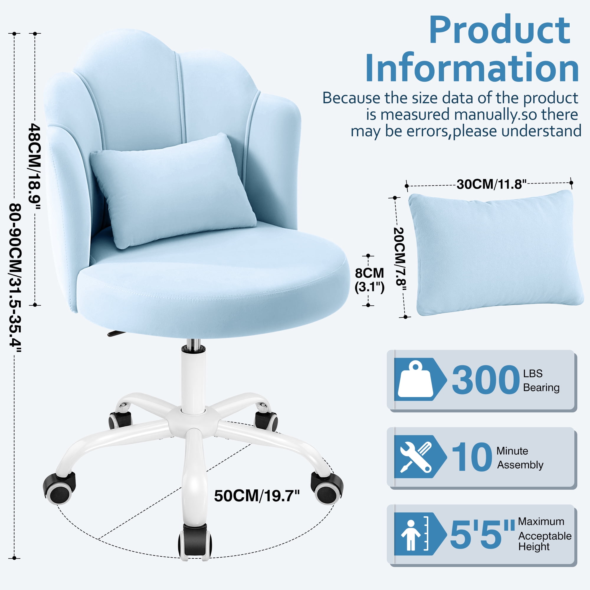 COOLHUT Vanity Chair, Velvet Petal Vanity Makeup Chair with Lumber Support, Home Office Desk Chair with Wheels, Height Adjustable Computer Work Chair for Bedroom, Living Room, Blue