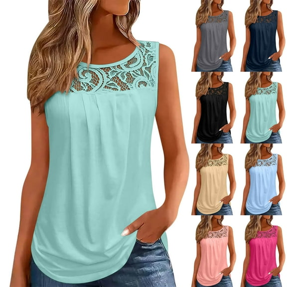 Simua Tank Tops for Women Summer Trendy Lace Round Neck Tops Pleated Loose Fit Casual Sleeveless Shirts