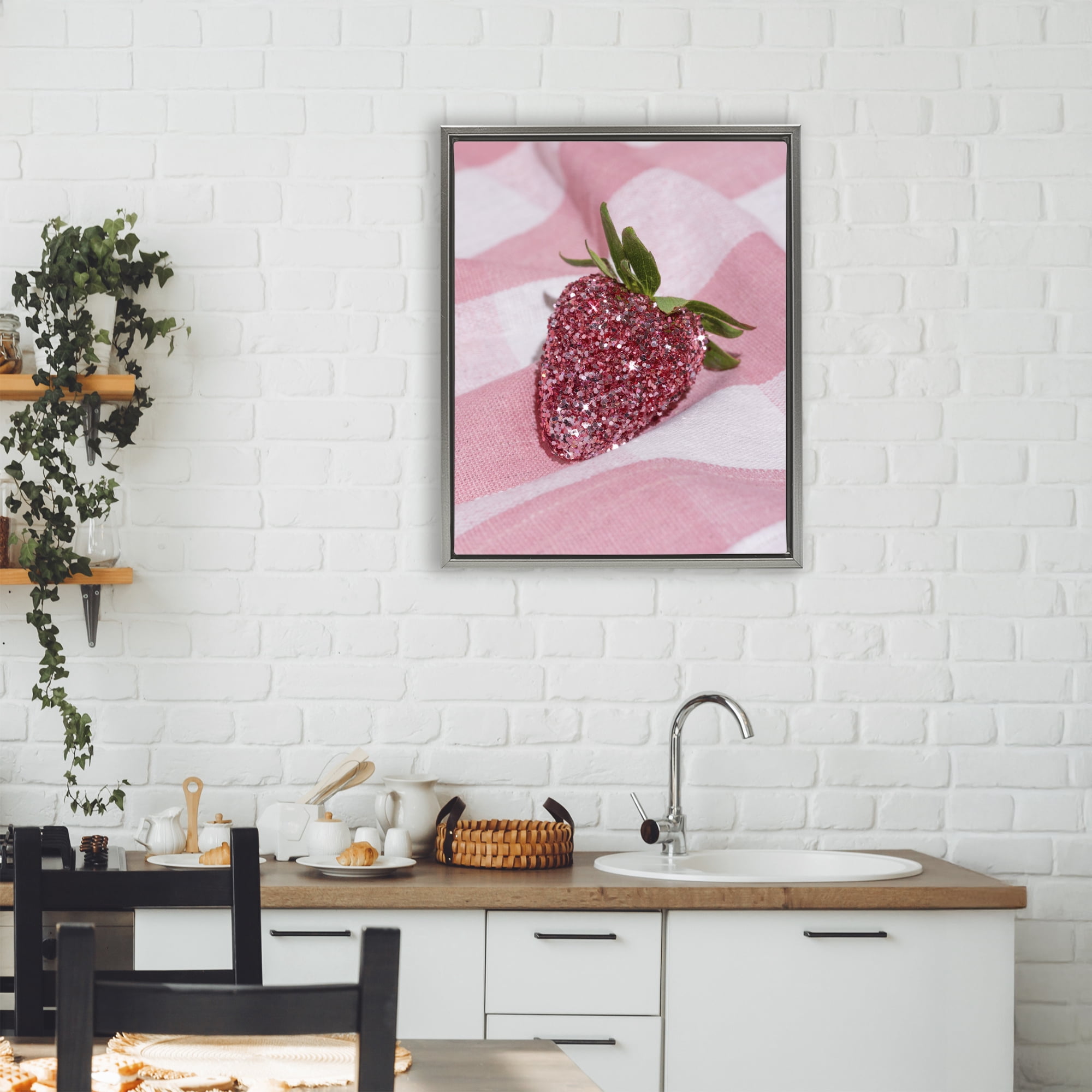 Stupell Industries Glimmer Strawberry on Pink Gray Framed Floater Canvas Wall Art, design by LISH Creative