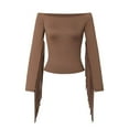 thumbnail image 5 of Women's T Shirts Classic Retro Long Sleeve Off Shoulder T Shirt with Fringe Womens Tees Brown L, 5 of 6