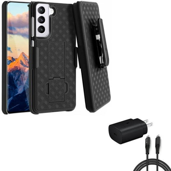 25W Fast Home Charger w Case Belt Clip for Samsung Galaxy S21 - PD Type-C 6ft USB-C Cable , Holster Swivel Cover