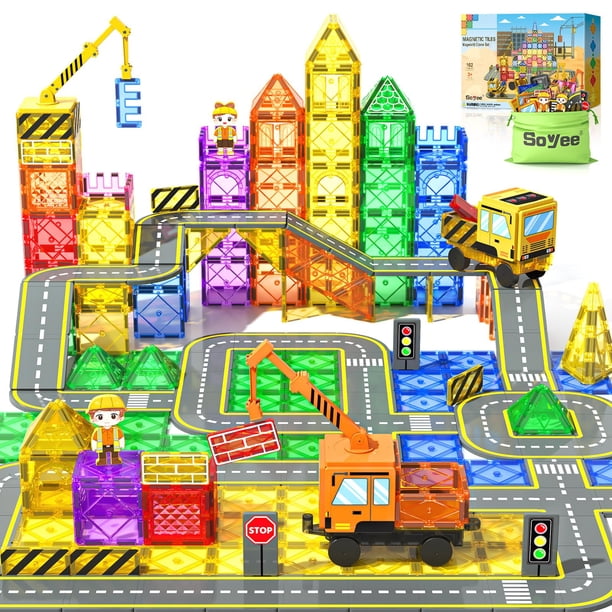 Azulejos magnéticos para construcción Soyee 102 piezas con 2 coches y 2 grúas