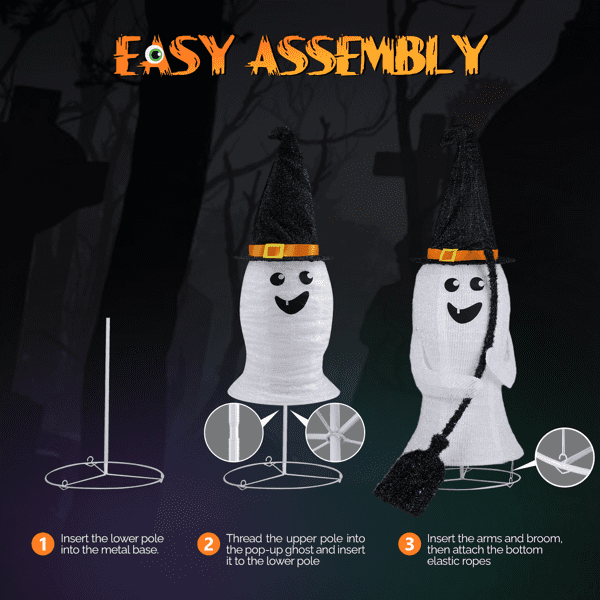 Alvantor 4 ft Lighted Pop-Up Ghost Halloween Decoration with Witch Hat, Broom and 135 White and Purple LEDs, Black and White