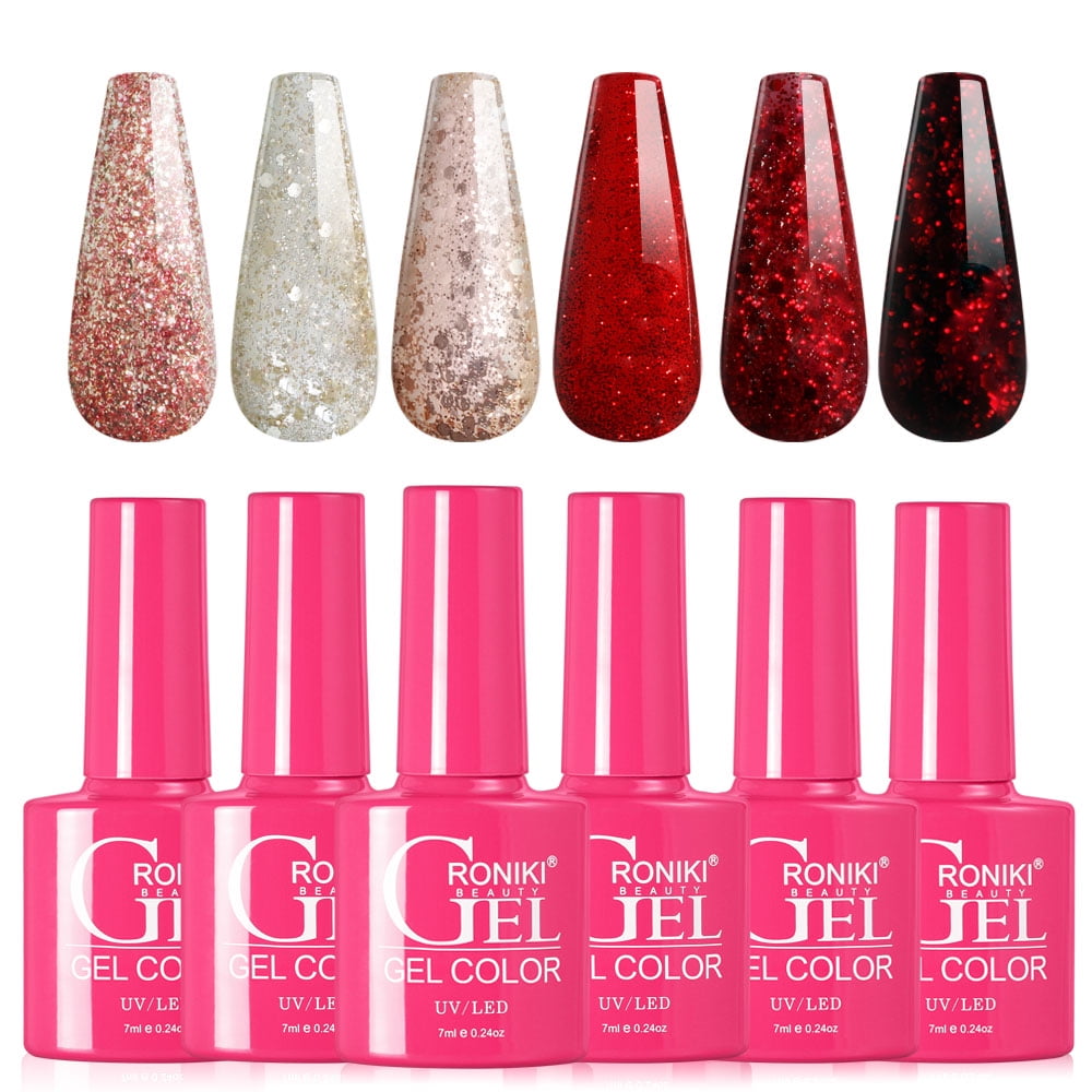 Roniki 6 Colors Glitter Gel Nail Polish Set, Red, Rose Gold, Pink