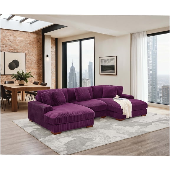 JERFIT 3-Seater Purple Corduroy Sectional Sofa with Double Chaise, Lumbar Support & Pillows