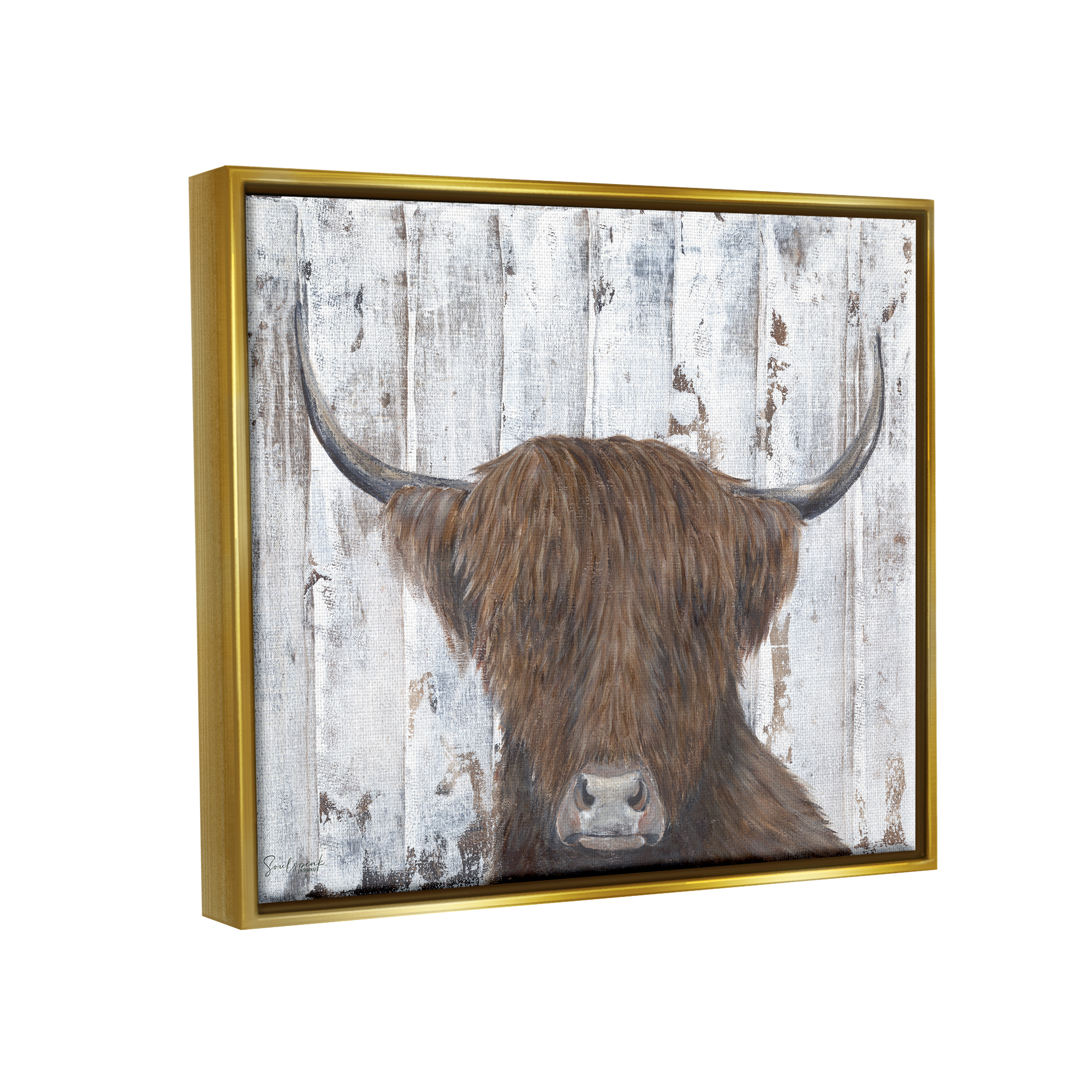 Stupell Country Rustic Highland Cattle Portrait Animals & Insects Painting Gold Floater Framed Art Print Wall Art