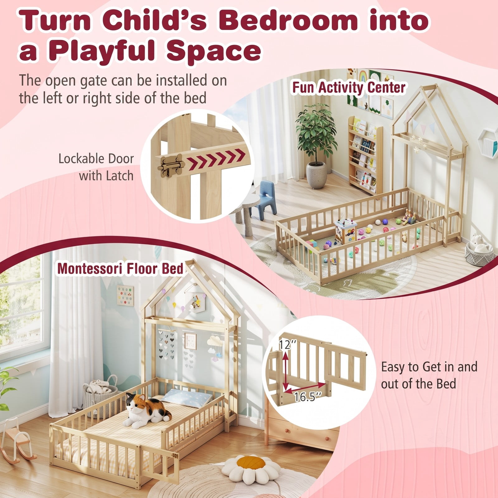 Furnibear Full Size Bed Frame House Floor Bed with House-Shaped Frame and Full-Length Fence Guardrails for Kids Room, Natural