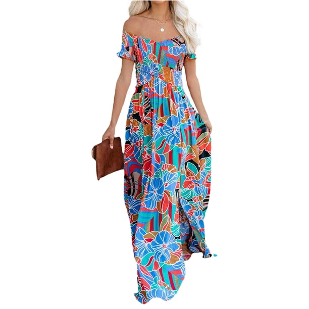 VISgogo Vestido cruzado con hombros descubiertos para mujer, vestido largo de playa bohemio de manga corta con estampado floral VISgogo moda