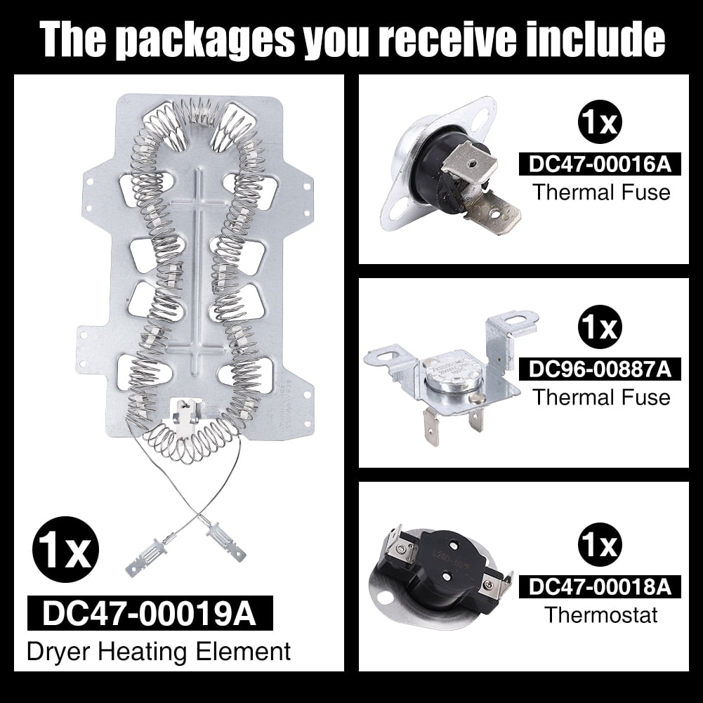 Dryer Heating Element DC47-00019A, DC96-00887A and DC47-00016A Thermal Fuse + Thermostat DC47-00018A,Compatible for Samsung, Dryer Repair Kit Replacement