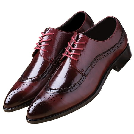 

Santimon Men Derby Crocodile Pattern Pointed Toe Shoes Lace Up Brogue Dress Business Shoes Red 7.5 US