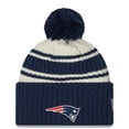 thumbnail image 2 of Men's New Era Cream/Navy New England Patriots 2022 Sideline Sport Cuffed Pom Knit Hat, 2 of 2