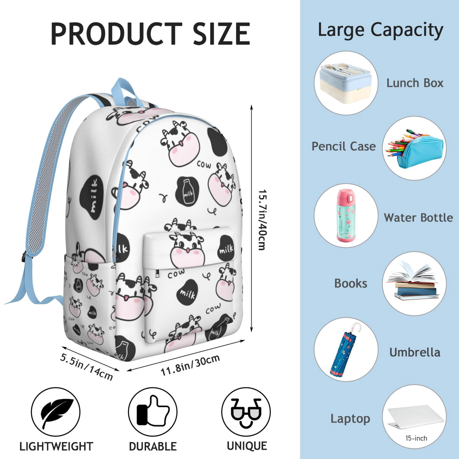 Farmhouse Cow Backpack for Teens, Durable and Lightweight Laptop Bag with Bull, Buffalo, and Black & White Cow Print Design