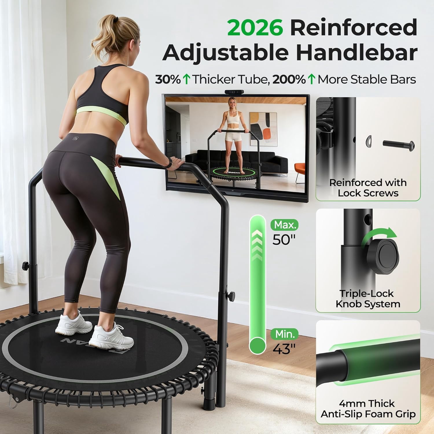 BCAN BT2 40-Inch Adult Mini Rebounder Trampoline, 450-pound weight capacity, adjustable handrails, and a Silent Resistance Band Design, suitable for indoor and outdoor home workouts