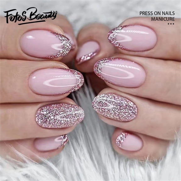 Fofosbeauty 24pcs Press on False Nails Tips, Almond Fake Acrylic Nails, French Glittering Pink