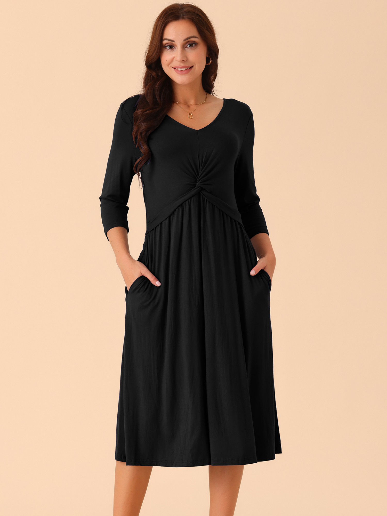 DARING DIVA 3/4 Sleeve Twist Knot Front V Neck A-line Midi Dress S Black