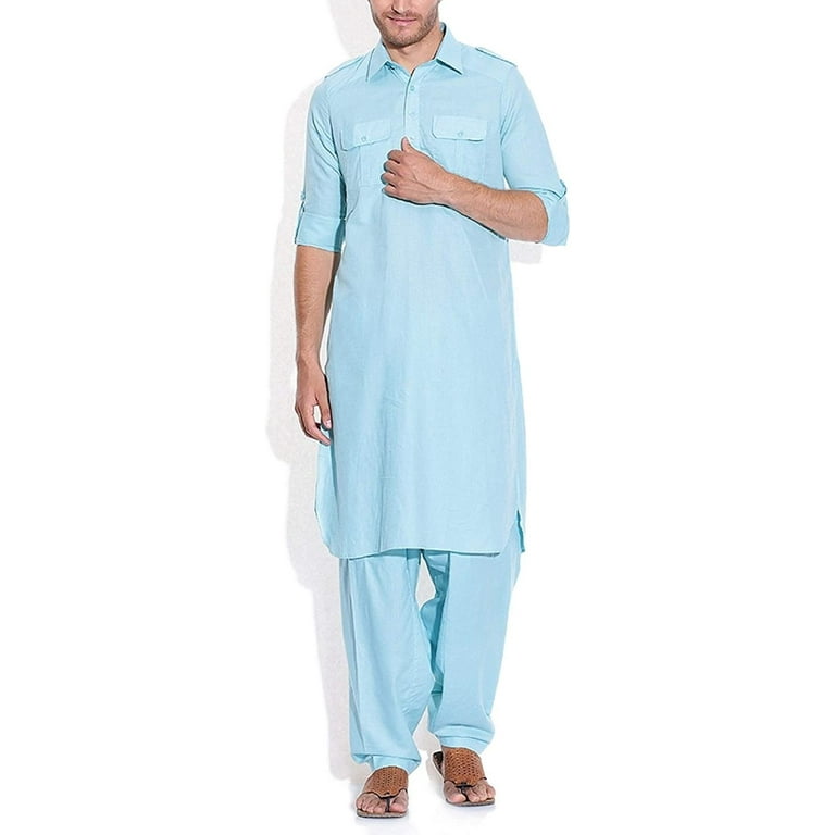 Royal Men's Linen Cotton Pathani Suit Set's (42, Turquise