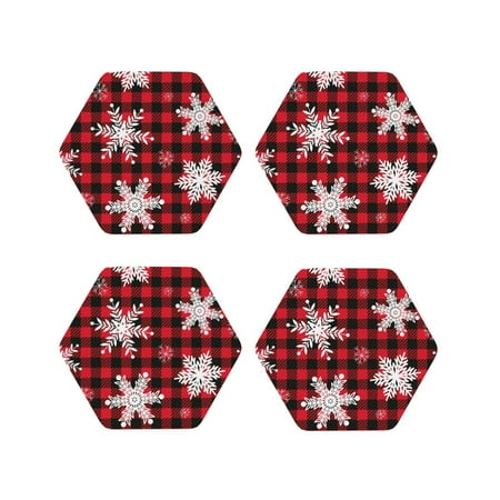 

Fuzoiu Snowflakes On A Buffalo Plaid Print Leather Coasters Set Drink Coasters Set of 4 for Tabletop Protection Durable PVC Coasters Home Décor and Housewarming Gift-Hexagon